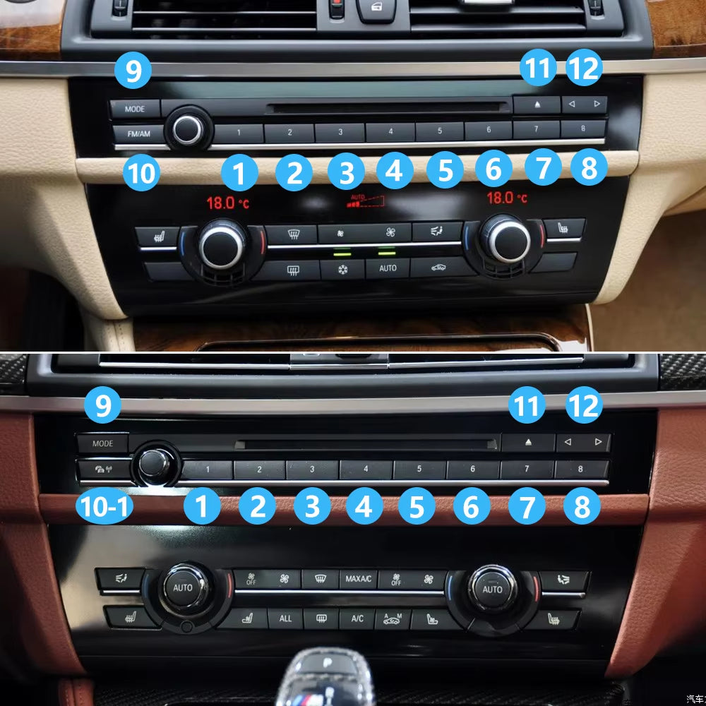 12PCS Car Center Console CD Digital MODE FM/AM Button Cover Trim For BMW 5 6 7 5GT Series F10 F11 F06 F12 F13 F07 F01 F02 F04